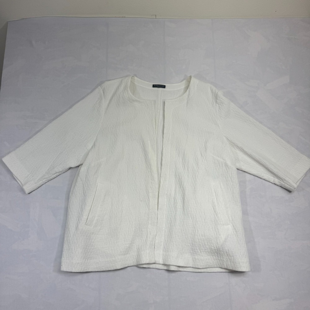Eileen Fisher Double Weave Crinkled XL Jacket Womens White Textured Open Front